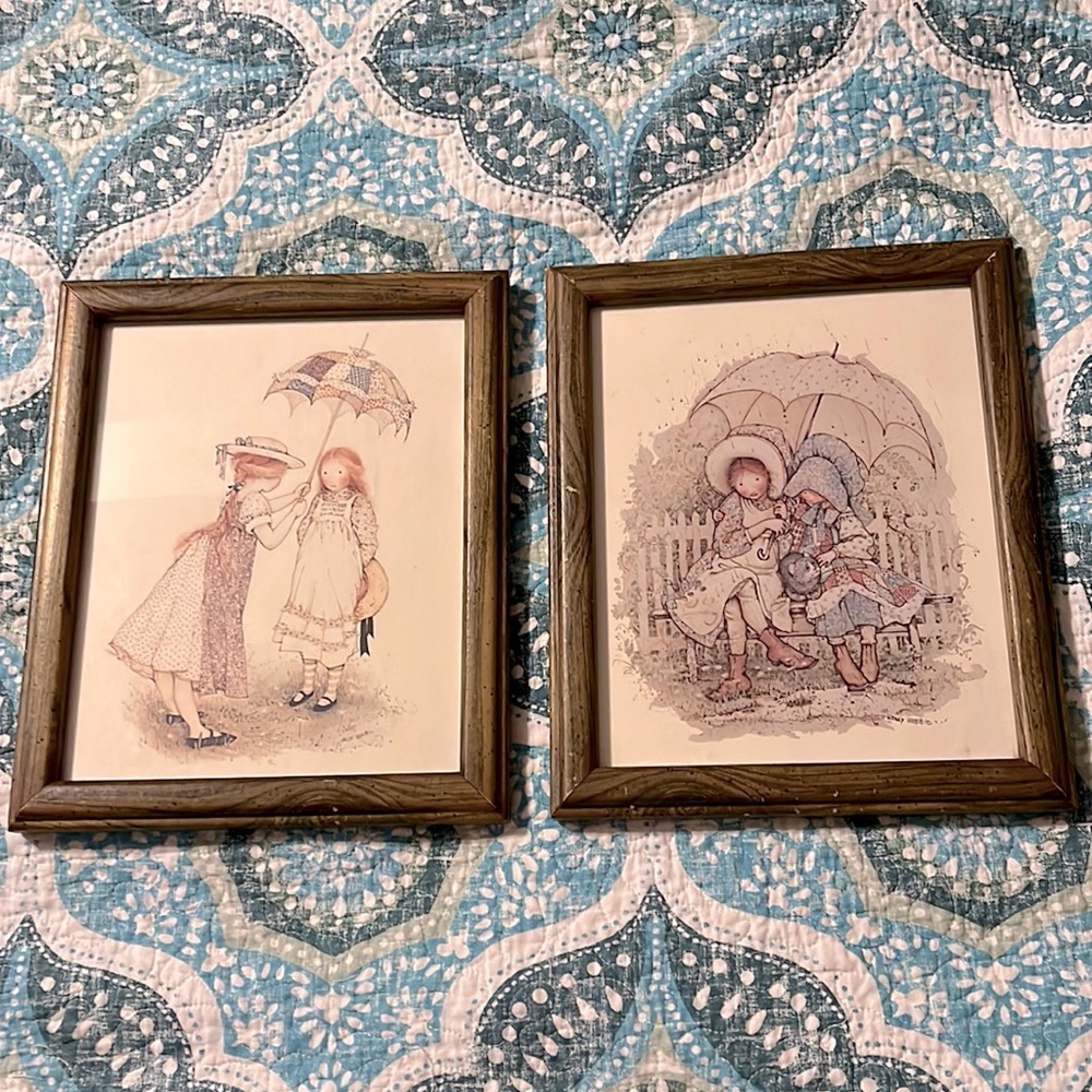 Vintage Holly Hobbie wood and glass framed prints. Set of 2.